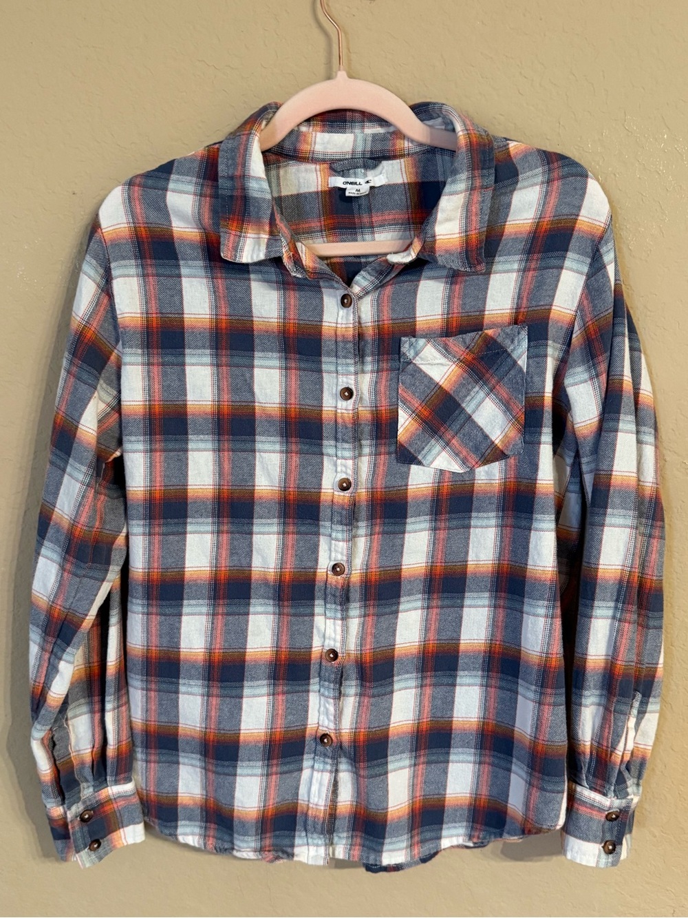 O'Neill Blue Orange Plaid Button Front Flannel Shirt Men's M